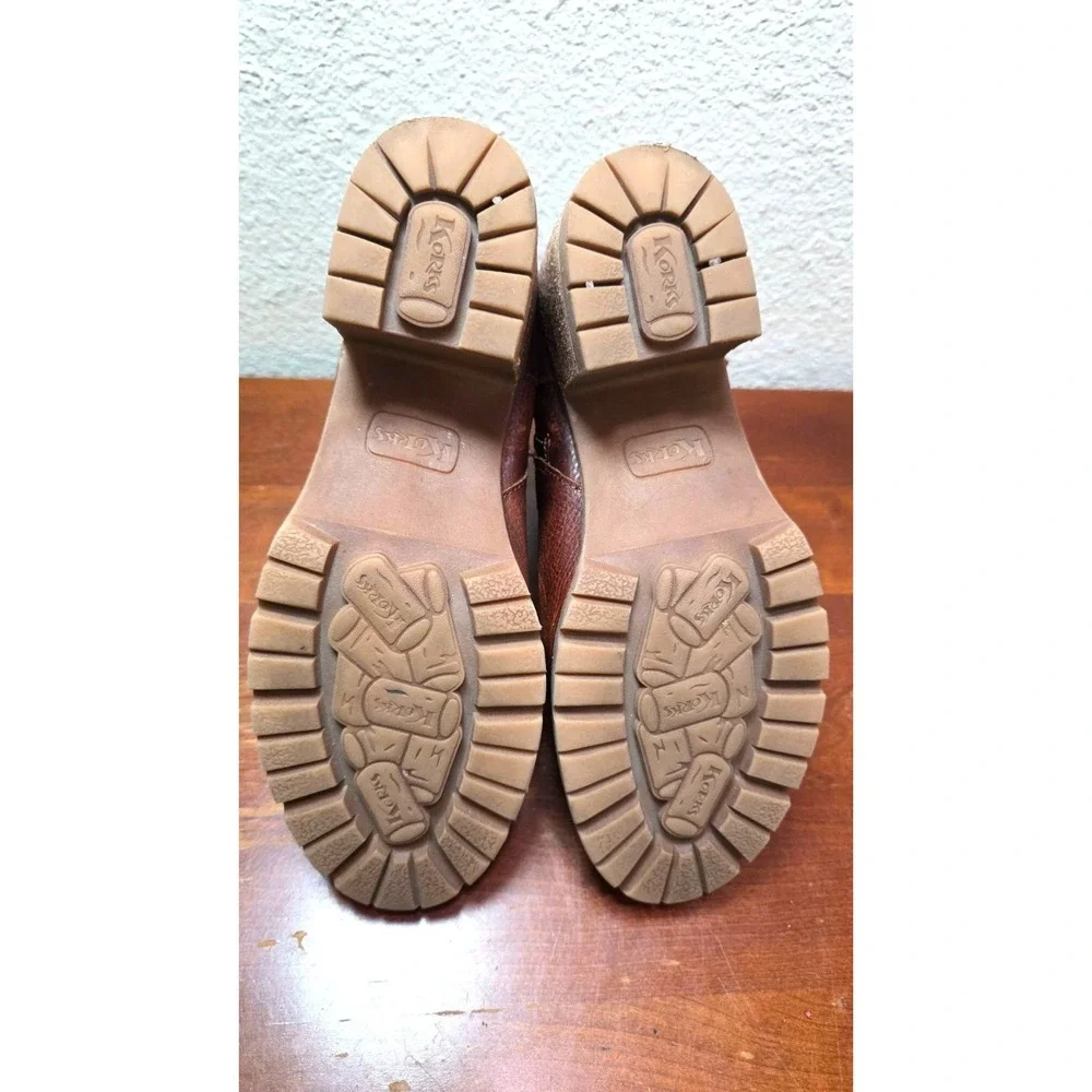 Korks-Ease Brown Ankle Boots Buckle & Stacked Heel Distressed Leather Size 9.5